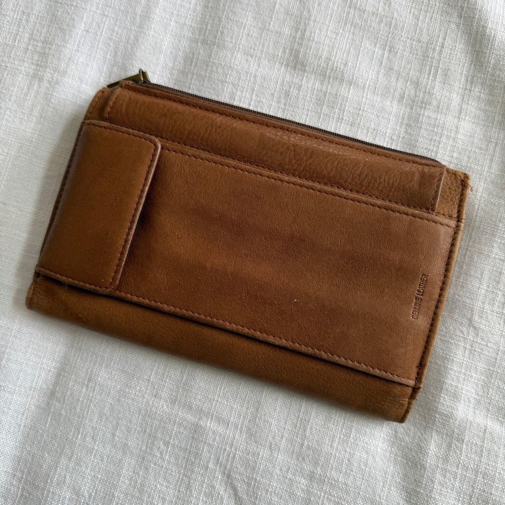 Fossil Tan‎ Leather Trifold Clutch Wallet Zip Pocket ID Window Cognac Brown - Picture 3 of 6